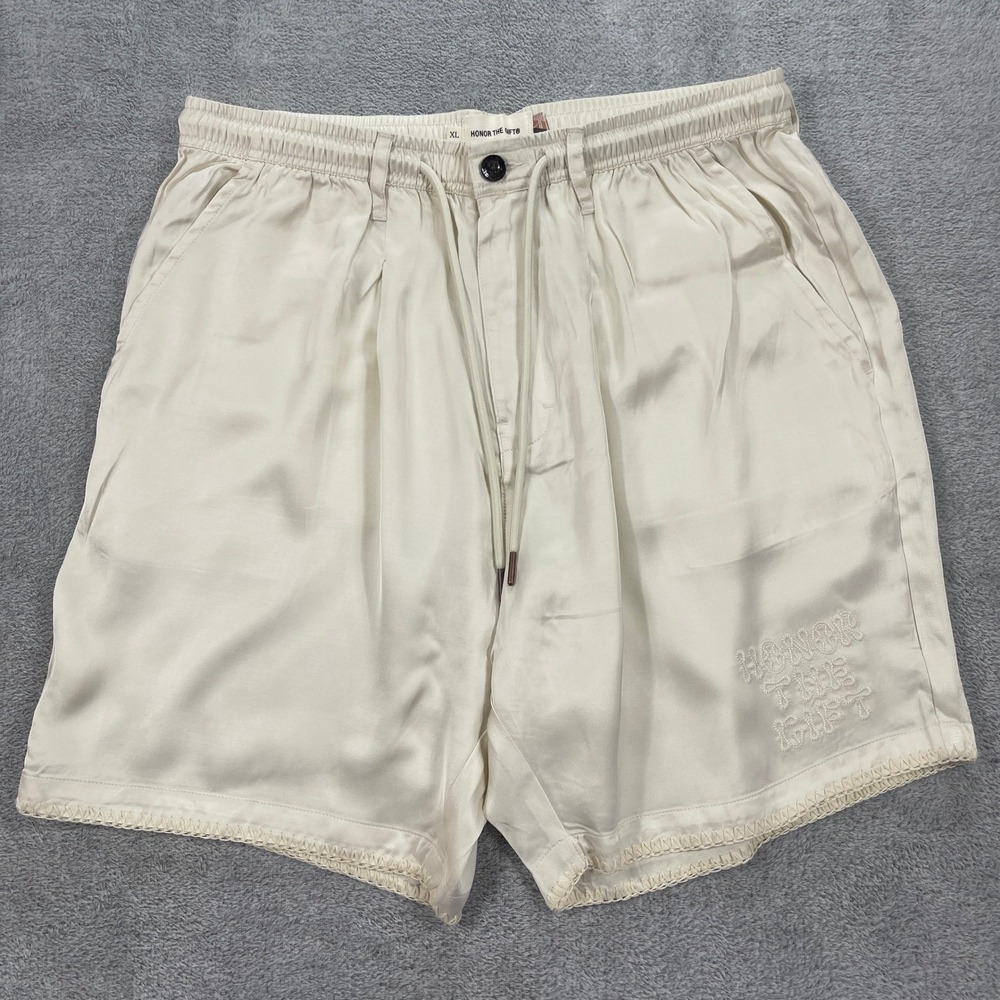 Honor The Gift Shorts Men XL Cream Satin Lounge Shorts Pleated Embroidered Logo